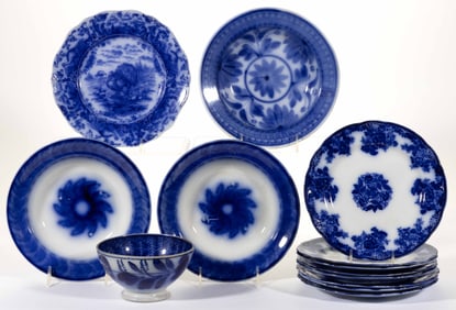 BRITISH AND DUTCH FLOW BLUE IRONSTONE TABLE ARTICLES, LOT OF 13