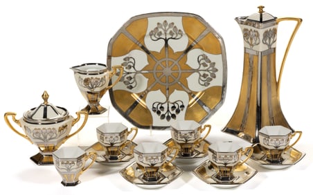 AMERICAN PICKARD-DECORATED ART NOUVEAU-STYLE 15-PIECE PARTIAL DEMITASSE SET