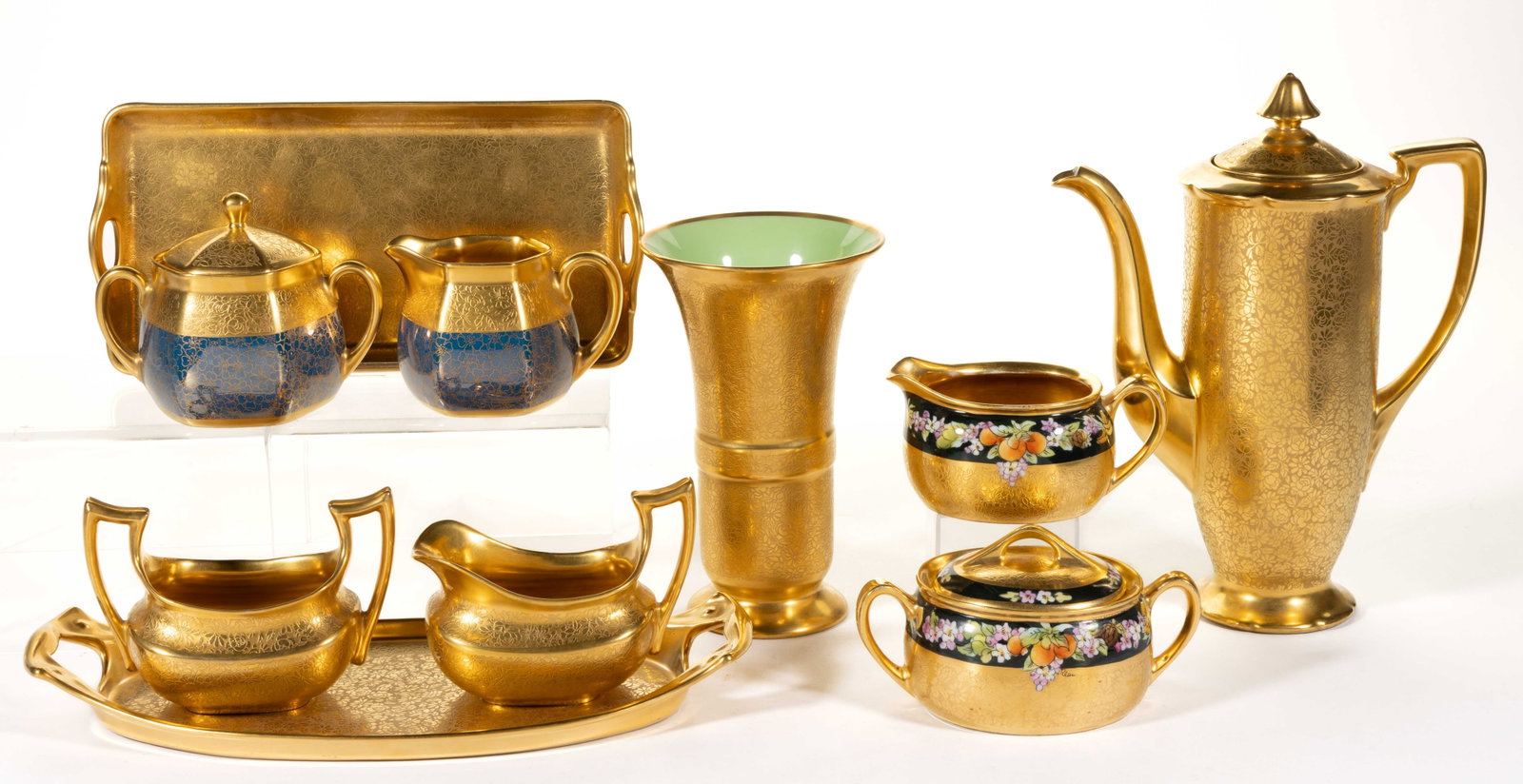 AMERICAN PICKARD GOLD-DECORATED PORCELAIN ARTICLES, LOT OF TEN: AMERICAN PICKARD GOLD-DECORATED PORCELAIN ARTICLES, LOT OF TEN, each having encrusted/etched floral designs, comprising a fluted vase with green-glazed interior, a coffee pot, two open-handled trays i