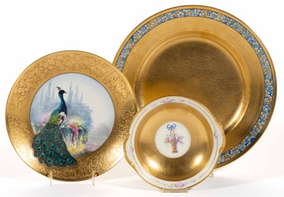 AMERICAN PICKARD-DECORATED GOLD AND HAND-PAINTED TABLE ARTICLES, LOT OF THREE