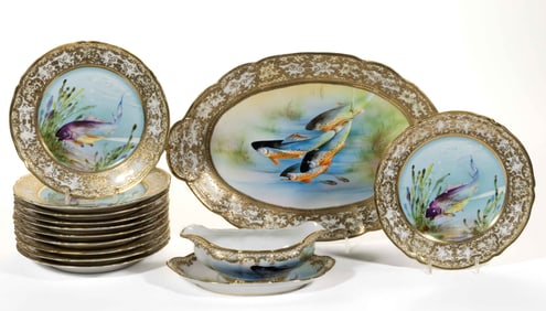 JAPANESE NIPPON PORCELAIN HAND-PAINTED 14-PIECE FISH SET