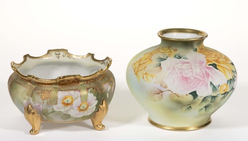 JAPANESE NIPPON PORCELAIN FLORAL MOTIF ARTICLES, LOT OF TWO