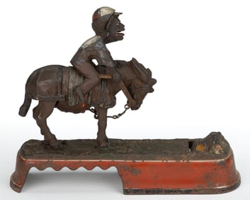J & E STEVENS CO. "ALWAYS DID 'SPISE A MULE" / KICKING MULE (OMN) CAST-IRON MECHANICAL BANK