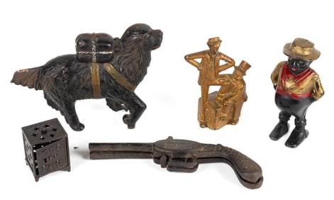 ASSORTED CAST-IRON FIGURAL PENNY / STILL BANKS, LOT OF FOUR