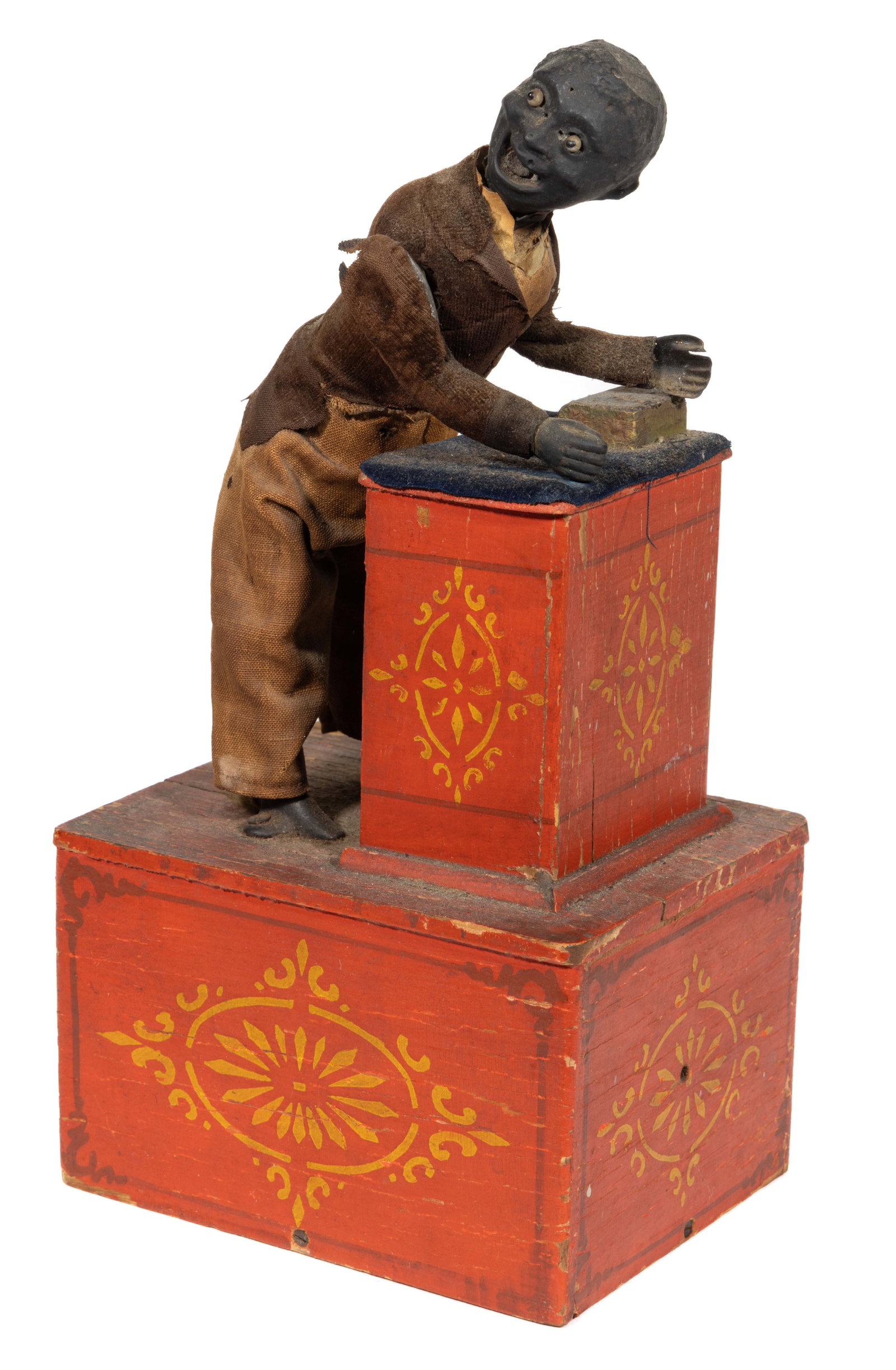 IVES, BLAKESLEE, & CO., BRIDGEPORT, CONNECTICUT, "PREACHER AT THE PULPIT" CLOCKWORK TOY: IVES, BLAKESLEE, & CO., BRIDGEPORT, CONNECTICUT, "PREACHER AT THE PULPIT" CLOCKWORK TOY, featuring an African American preacher with glass eyes and his mouth open speaking standing at a 
