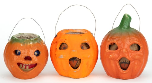 AMERICAN PAPIER MACHE / PULP DIMINUTIVE HALLOWEEN JACK-O-LANTERNS, LOT OF THREE
