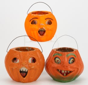 AMERICAN PAPIER-MACHE / PULP HALLOWEEN JACK-O-LANTERNS, LOT OF THREE