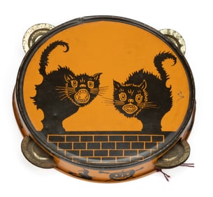J. CHEIN TIN LITHOGRAPHED BLACK CAT HALLOWEEN TAMBOURINE NOISEMAKER