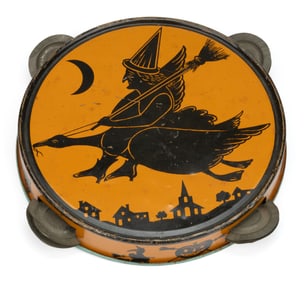 J. CHEIN TIN LITHOGRAPHED WITCH / MOTHER GOOSE HALLOWEEN TAMBOURINE NOISEMAKER