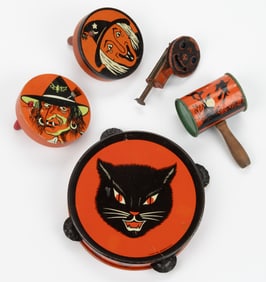 AMERICAN, AND POSSIBLY GERMAN, TIN LITHOGRAPHED HALLOWEEN ARTICLES, LOT OF FIVE