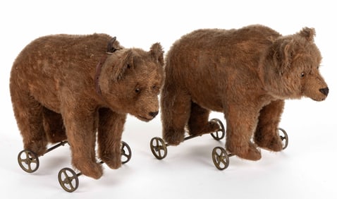 MOHAIR STUFFED BEARS ON WHEELS PULL TOYS, PAIR
