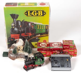 GERMAN L. G. B. LEHMANN AND OTHER ASSORTED G-SCALE MODEL RAILROAD LOCOMOTIVE AND TRACK LAYOUT