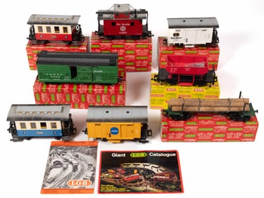 GERMAN L. G. B. LEHMANN ASSORTED G-SCALE MODEL RAILROAD CARS, LOT OF EIGHT