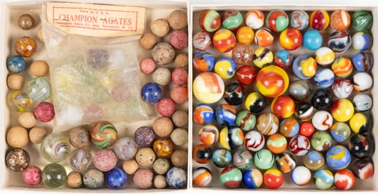 ANTIQUE AND VINTAGE MACHINE-MADE MARBLES, UNCOUNTED LOT IN TWO BOXES