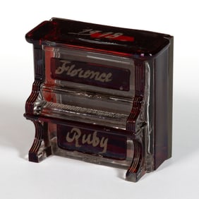 RUBY-STAINED UPRIGHT PIANO FIGURAL PRESSED GLASS CANDY CONTAINER