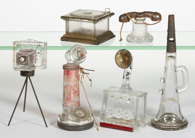 ASSORTED APPLIANCE FIGURAL PRESSED GLASS CANDY CONTAINERS, LOT OF SIX