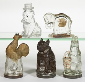 ASSORTED ANIMAL FIGURAL PRESSED GLASS CANDY CONTAINERS, LOT OF FIVE