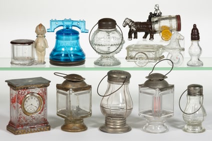 ASSORTED FIGURAL GLASS CANDY CONTAINERS, LOT OF 11