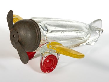 AIRPLANE WITH LEFT SIDE REAR DOOR FIGURAL PRESSED GLASS CANDY CONTAINER