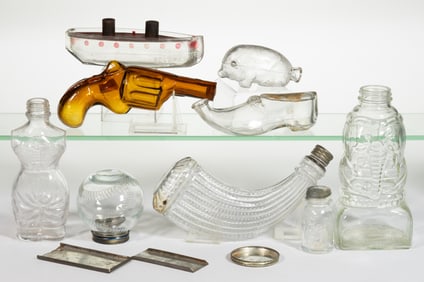 ASSORTED FIGURAL GLASS CANDY CONTAINERS AND RELATED ARTICLES, UNCOUNTED LOT
