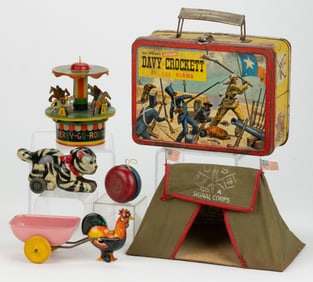 ASSORTED VINTAGE TIN LITHOGRAPHED AND OTHER TOYS, LOT OF SIX