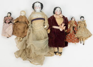 ASSORTED CHINA AND BISQUE HEAD DOLLS, LOT OF SIX