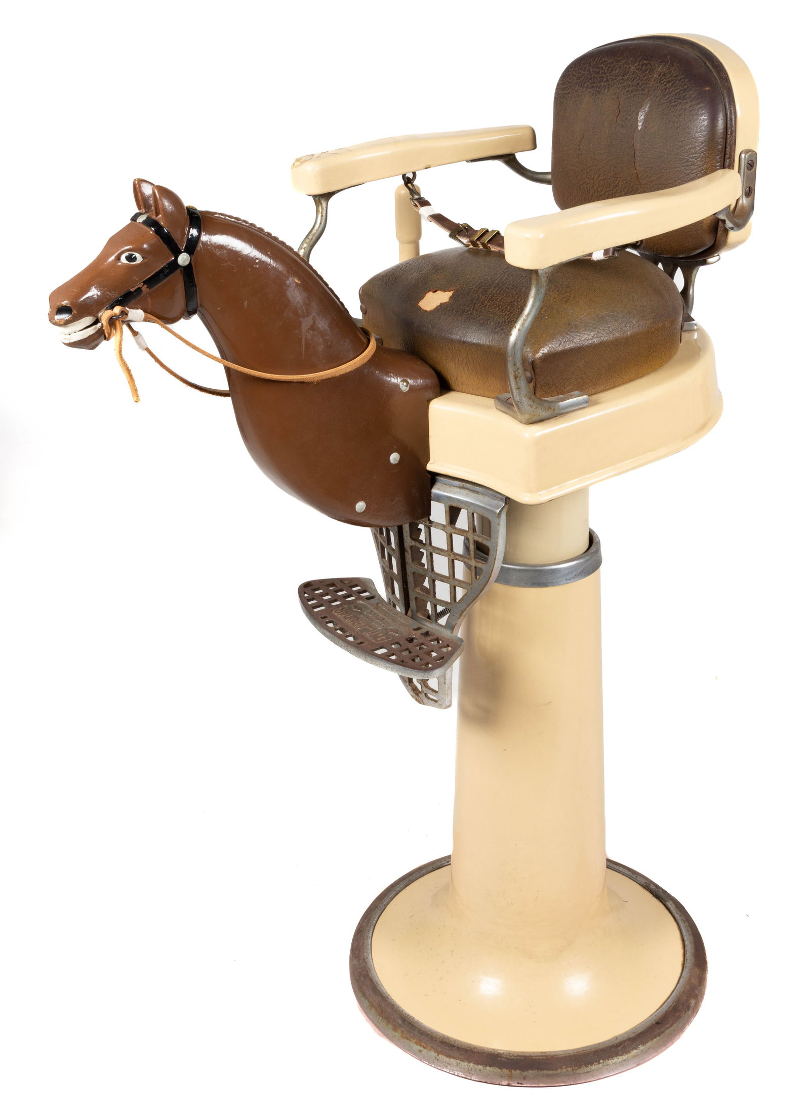 VINTAGE EMIL J. PAIDAR (CHICAGO, ILLINOIS) CHILD'S NOVELTY BARBER CHAIR: VINTAGE EMIL J. PAIDAR (CHICAGO, ILLINOIS) CHILD'S NOVELTY BARBER CHAIR, with whimsical painted wooden horse head and porcelain base, foot rest marked for "EMIL. J. PAIDAR / COMPANY / CH
