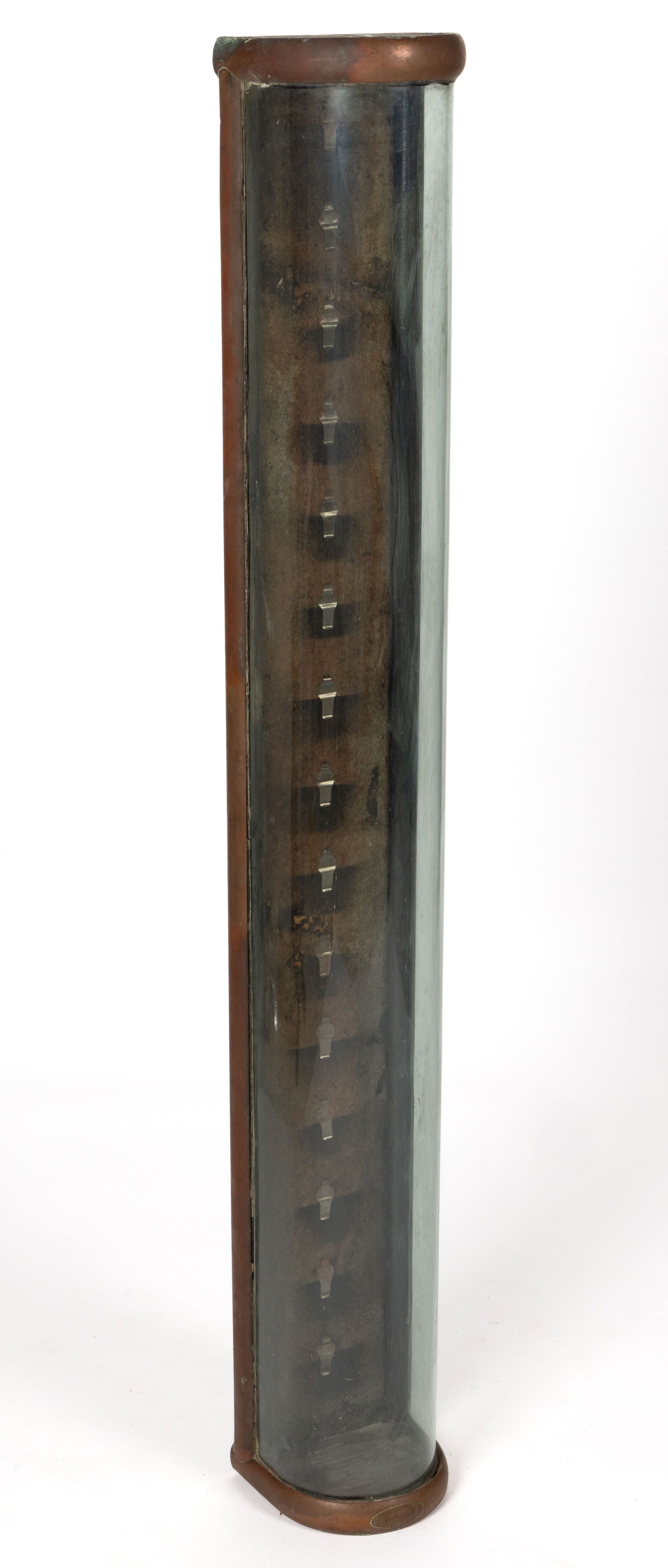 REINLE BROS. & SALMON, BALTIMORE, MARYLAND COUNTRY STORE COLLAR DISPLAY CASE: REINLE BROS. & SALMON, BALTIMORE, MARYLAND COUNTRY STORE COLLAR DISPLAY CASE, having a curved glass front with a copper edge, the base section having a stamped maker's label, and the interior