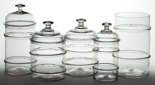 FREE-BLOWN GLASS RINGED APOTHECARY / STORE JARS, LOT OF FIVE