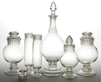 ASSORTED PRESSED AND BLOWN GLASS APOTHECARY / SAMPLE JARS, LOT OF SIX