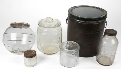 ASSORTED COUNTRY STORE COUNTER DISPLAY GLASS JARS, LOT OF SIX