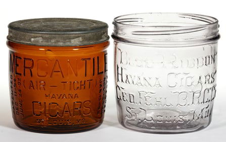 EMBOSSED GLASS TOBACCO / CIGAR ADVERTISING JARS, LOT OF TWO