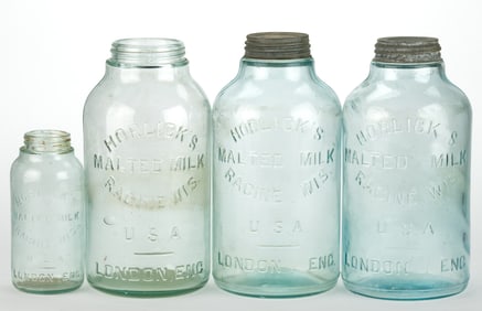 HORLICK'S MALTED MILK GLASS JARS, LOT OF FOUR