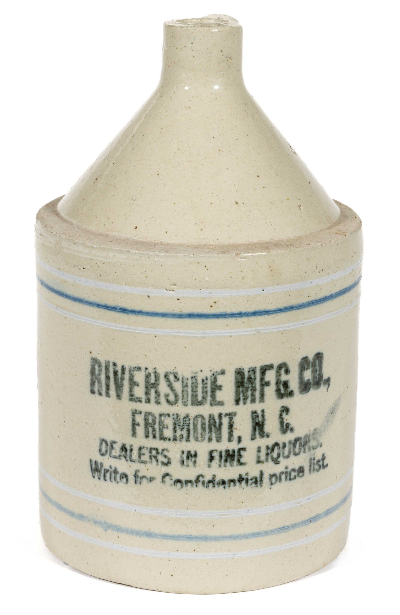 FREMONT, NORTH CAROLINA MERCHANT'S STONEWARE ADVERTISING JUG: FREMONT, NORTH CAROLINA MERCHANT'S STONEWARE ADVERTISING JUG, Bristol-slip glazed, approximately one-gallon capacity, cylindrical form with sharp conical shoulder, plain spout and applied han