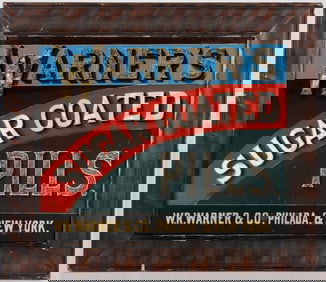 WARNER'S SUGAR COATED PILLS REVERSE-PAINTED ADVERTISING SIGN