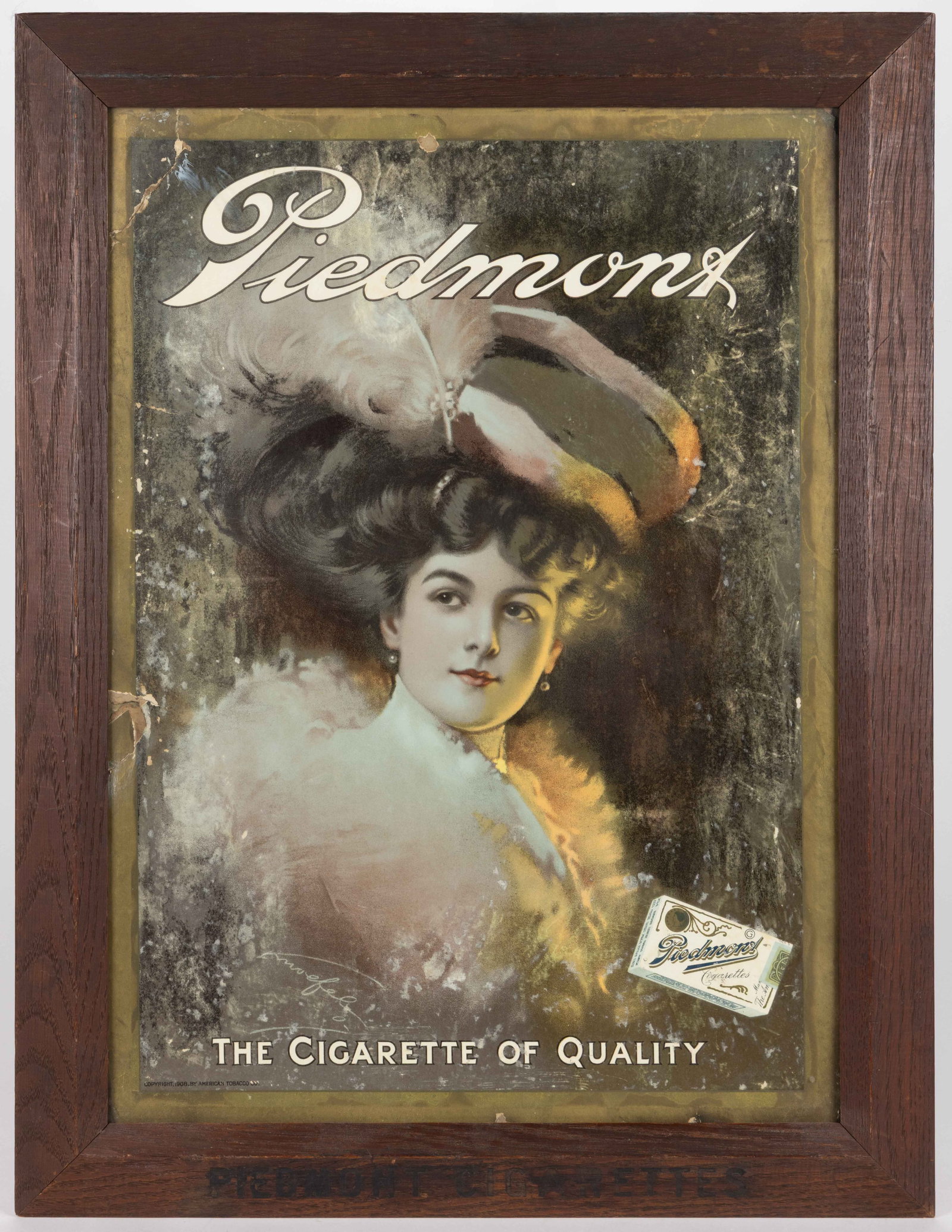 PIEDMONT CIGARETTE FRAMED POSTER / TRADE SIGN: PIEDMONT CIGARETTE FRAMED POSTER / TRADE SIGN, lithograph on paper, depicting a beautiful young woman with the advertising caption of "Piedmont / THE CIGARETTE OF QUALITY" printed aroun