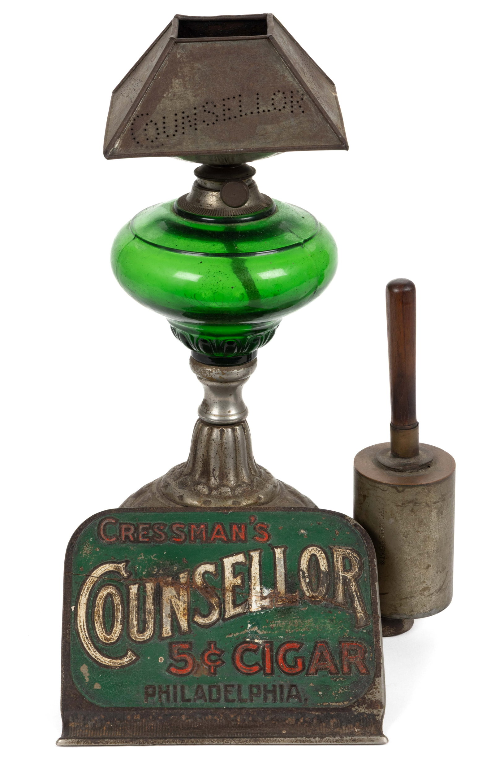 CRESSMAN'S COUNSELLOR CAST-IRON TABLE-TOP CIGAR LIGHTER: CRESSMAN'S COUNSELLOR CAST-IRON TABLE-TOP CIGAR LIGHTER, medium green urn-form glass font on a rounded cast-iron base with an advertising section lettered "CRESSMAN'S / COUNSELLOR / 5c CI