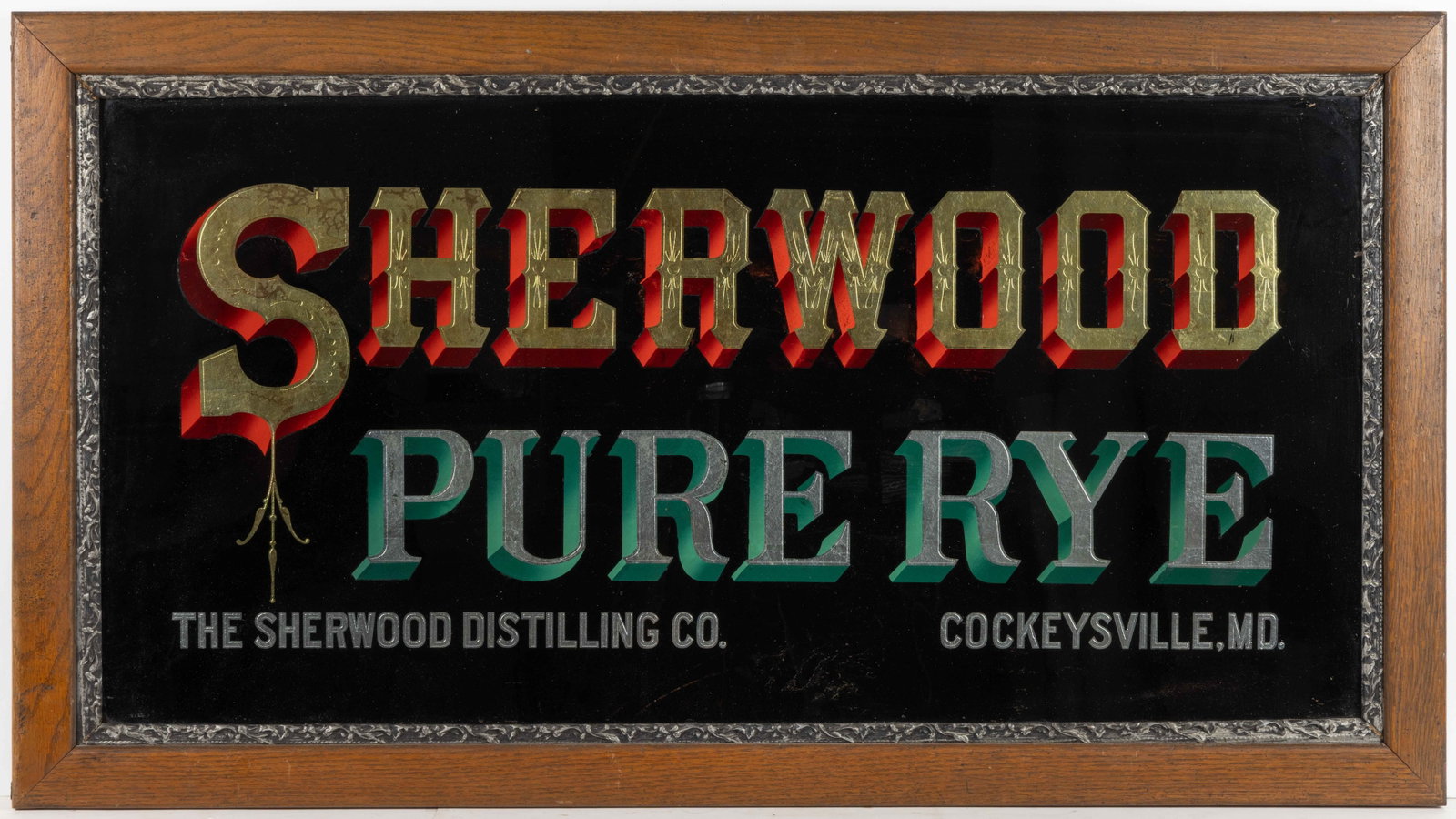VERY RARE PRE-PROHIBITION SHERWOOD PURE RYE WHISKEY REVERSE-PAINTED ADVERTISING SIGN: VERY RARE PRE-PROHIBITION SHERWOOD PURE RYE WHISKEY REVERSE-PAINTED ADVERTISING SIGN, in bold gold and silver foil font with red and green drop shadow against a black background, marked "SHE