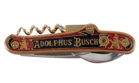 ANTIQUE / VINTAGE ADOLPHUS BUSCH/ ANHEUSER-BUSCH ENAMELED ADVERTISING BARTENDER'S TOOL / POCKET