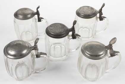 GERMAN SACHSENGLAS PRESSED GLASS BEER STEINS, LOT OF FIVE
