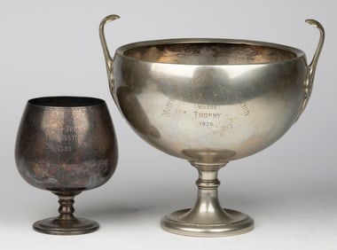 ASSORTED SILVER-PLATED FOX HUNTING AND CANINE TROPHIES / PRESENTATION CUPS, LOT OF TWO