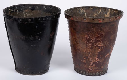 ASSORTED PAINTED LEATHER FIRE BUCKETS, LOT OF TWO