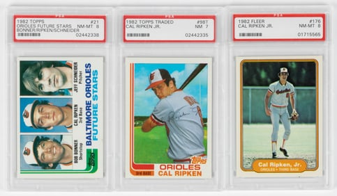 CAL RIPKEN JR. 1982 ROOKIE BASEBALL CARDS, LOT OF THREE PSA GRADED