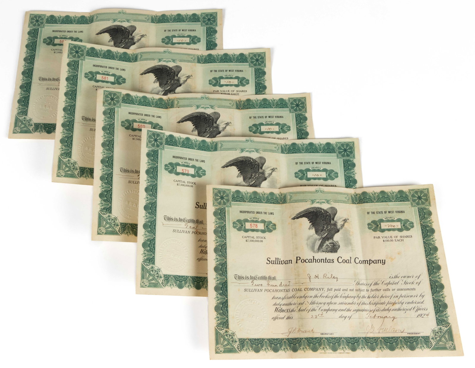 WEST VIRGINIA COAL COMPANY STOCK CERTIFICATES, LOT OF FIVE: WEST VIRGINIA COAL COMPANY STOCK CERTIFICATES, LOT OF FIVE, for the Sullivan Pocahontas Coal Company, issued February 23, 1924, to J. H. Riley, one for 200 shares and four for 10 shares, each wit