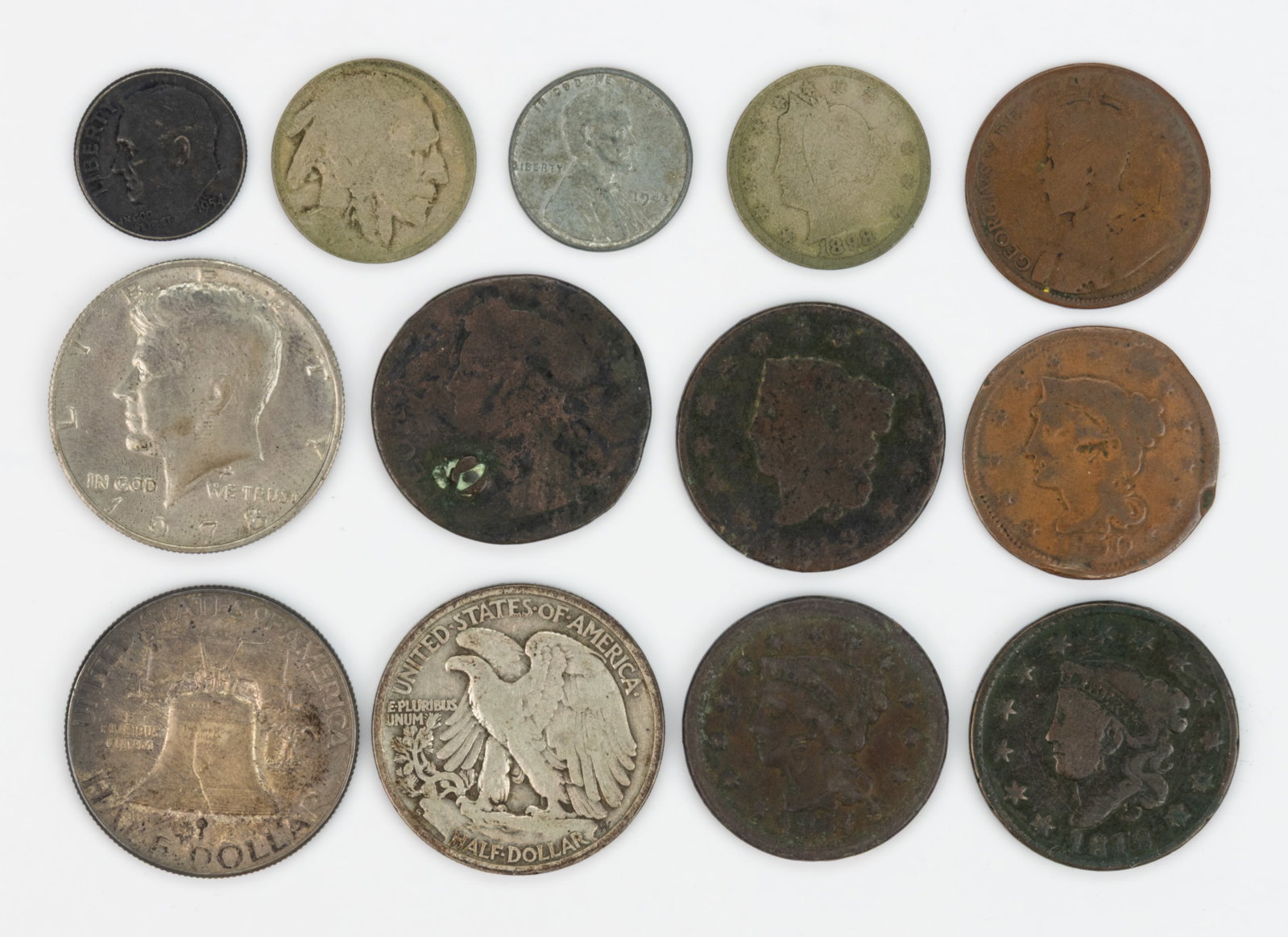 UNITED STATES AND BRITISH COINS, LOT OF 13: UNITED STATES AND BRITISH COINS, LOT OF 13, US including 1818, 1819, 1850, and 1851 large cents, a silver dime, and two silver half dollars. British including a 1738 King George half-penny. 18th-20th 