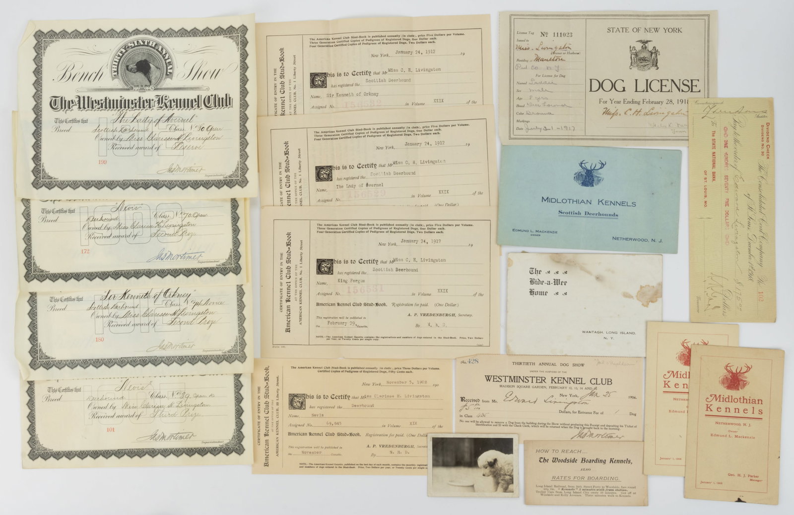 LIVINGSTON FAMILY, SUFFOLK CO., NEW YORK DOG BREEDING ARCHIVAL MATERIAL, LOT OF 17 PIECES: LIVINGSTON FAMILY, SUFFOLK CO., NEW YORK DOG BREEDING ARCHIVAL MATERIAL, LOT OF 17 PIECES, most made out to Miss Clarisse H. Livingston, including 1905 (third), 1909 (second), 1912 (reserve), and 1912