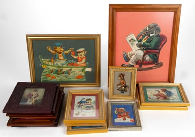 ASSORTED BEAR-RELATED FRAMED POSTCARDS AND VALENTINES, LOT OF NINE