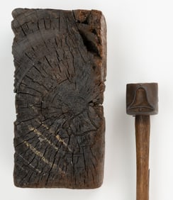 FIGURAL BELL LOG / TIMBER MARKING HAMMER WITH MARKED DRIFTWOOD
