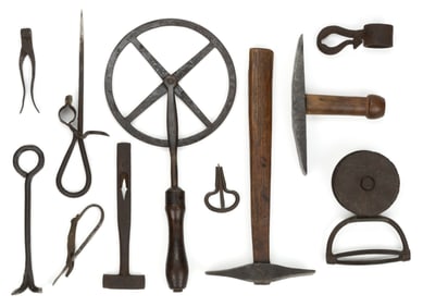 ASSORTED WROUGHT-IRON ARTICLES / TOOLS, LOT OF 11