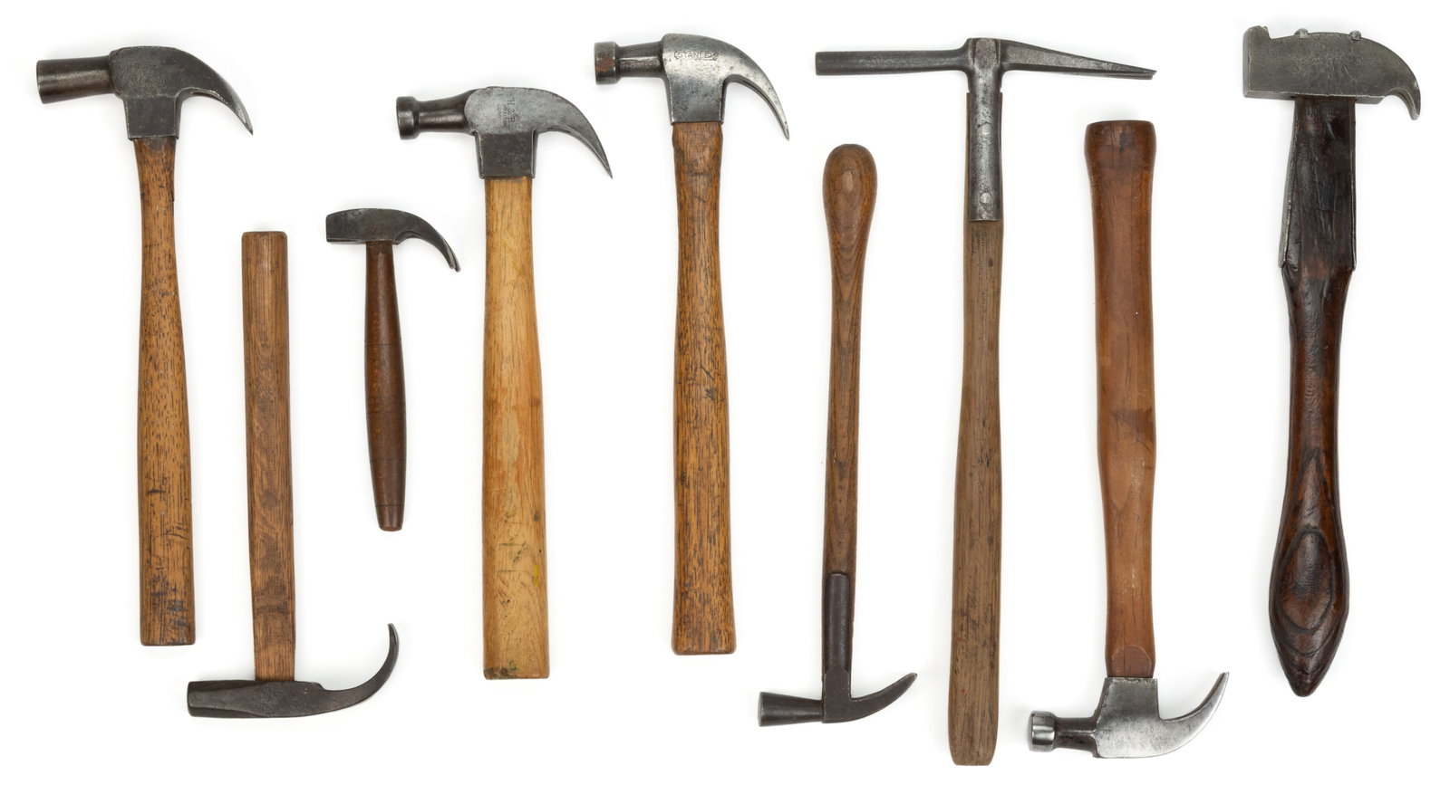 ASSORTED CLAW CARPENTERS AND TRADE HAMMERS, LOT OF NINE: ASSORTED CLAW CARPENTERS AND TRADE HAMMERS, LOT OF NINE, various makers including two Maydole examples; a C. S. Osborne saddle/tack/upholstery example; an H & B example; a Stanley example; an